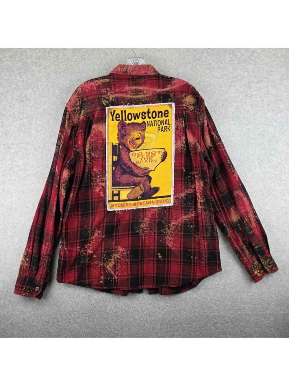 Angry Minnow Flannel Shirt Mens L Red Plaid Yellowstone Bear Patch Distressed - Picture 1 of 8